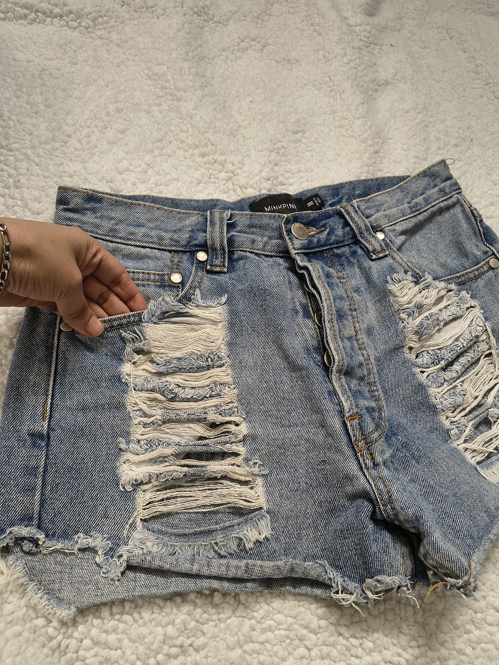 Minkpink Distressed Denim High-Waist Shorts - Light Blue